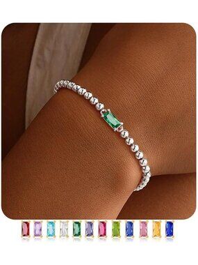 Women's Green Silver Plated Birthstone Beaded Bracelet Dainty Jewelry Gift